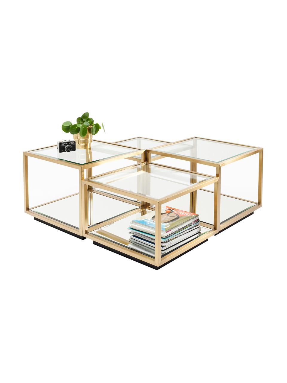 Set de mesas de centro Luigi, 4 uds., Estructura: acero inoxidable pintado, Tablero: vidrio laminado, Patas: tableros de fibra de dens, Dorado, Set de diferentes tamaños