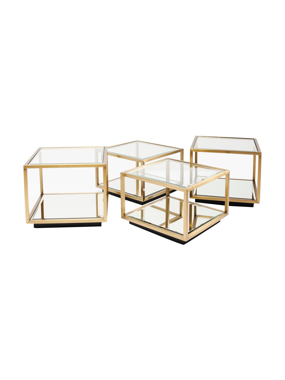 Set de mesas de centro Luigi, 4 uds., Estructura: acero inoxidable pintado, Tablero: vidrio laminado, Patas: tableros de fibra de dens, Dorado, Set de diferentes tamaños