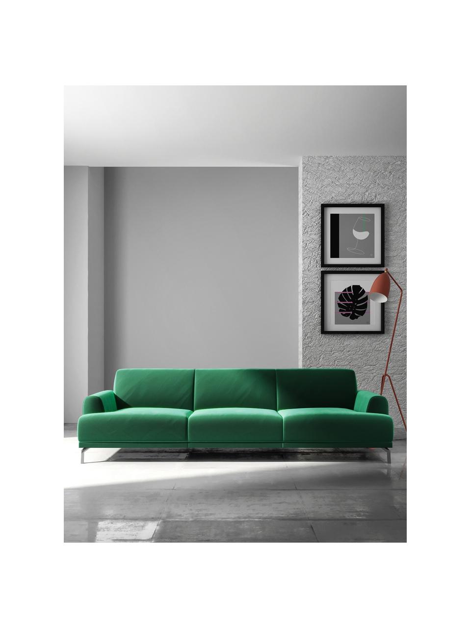 Sofa z aksamitu Puzo (3-osobowa), Tapicerka: 100% aksamit poliestrowy,, Nogi: metal lakierowany, Ciemny zielony, S 240 x G 84 cm