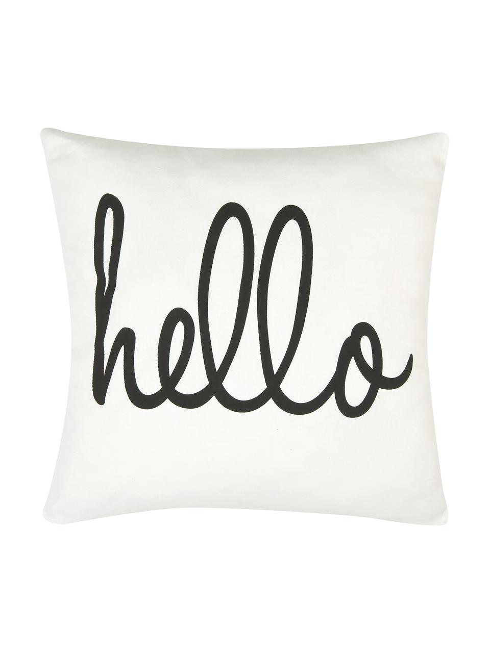 Kussenhoes Hello met opschrift in zwart/wit, 100% katoen, panamabinding, Zwart, crèmewit, 40 x 40 cm