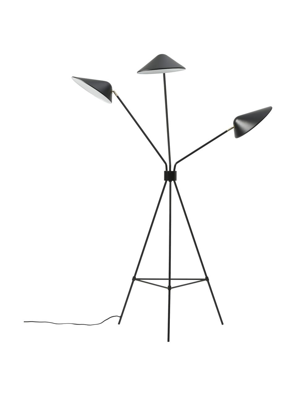 Grote tripod vloerlamp Neron met goudkleurige decoratie, Lampenkap: gepoedercoat metaal, Decoratie: vermessingd metaal, Zwart, B 103 x H 170 cm