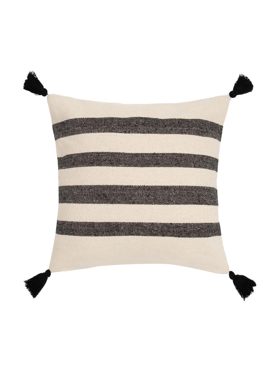 Federa arredo a righe con nappine  Zebra, 100% cotone, Nero, bianco, Larg. 45 x Lung. 45 cm