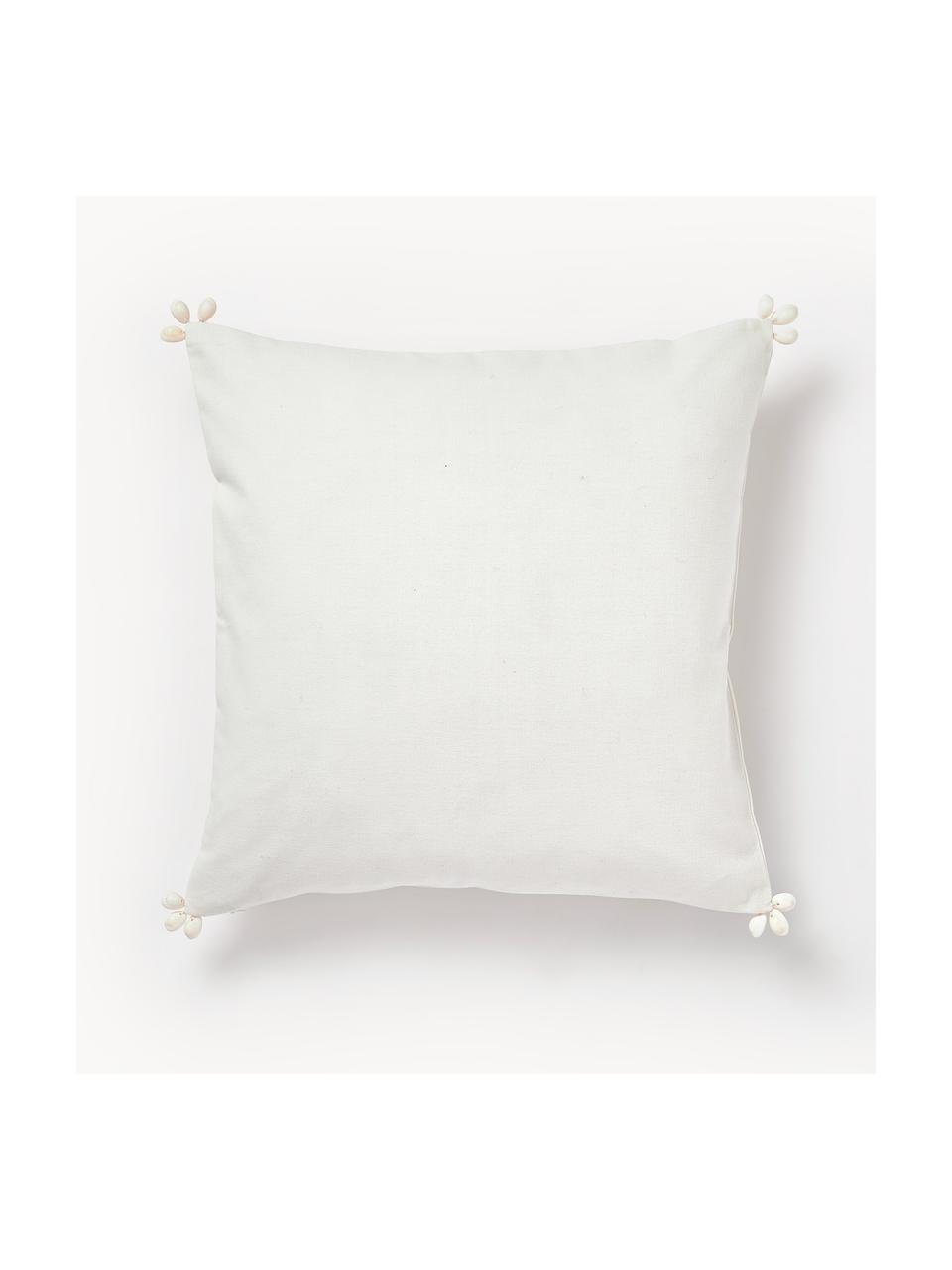 Housse de coussin 45x45 brodée avec détails de coquillages Tamir, Blanc crème, bleu, larg. 45 x long. 45 cm