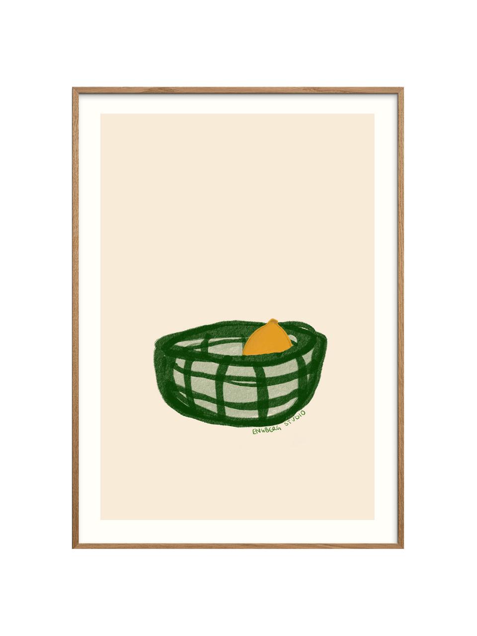 Poster A lemon in a basket, Beige chiaro, tonalità verdi, giallo acceso, Larg. 30 x Alt. 40 cm