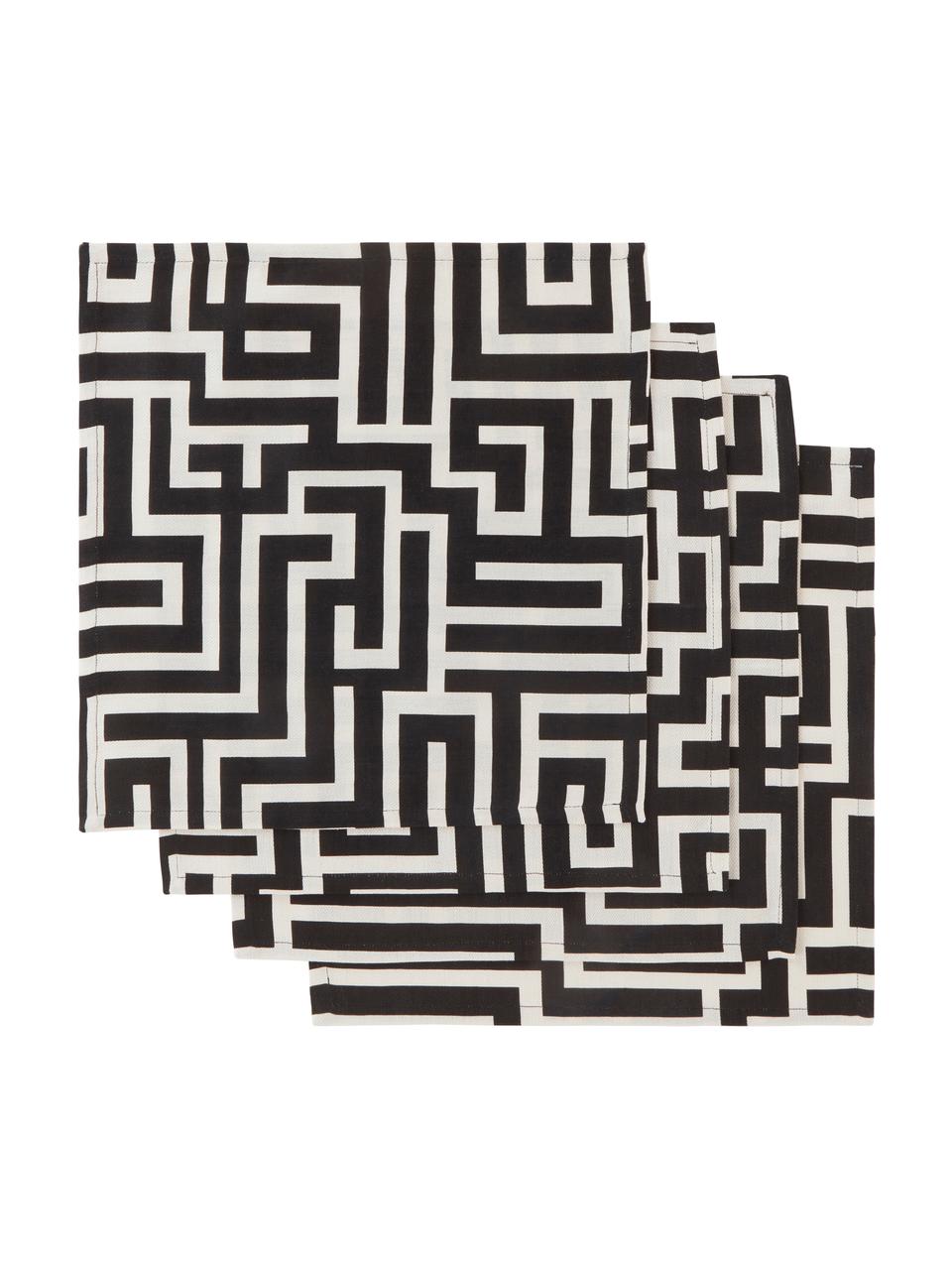 Servetten Indy met grafisch patroon in zwart/crèmewit, 4 stuks, 92% BCI-katoen, 8% linnen, Zwart, crèmewit, B 42 x L 42 cm