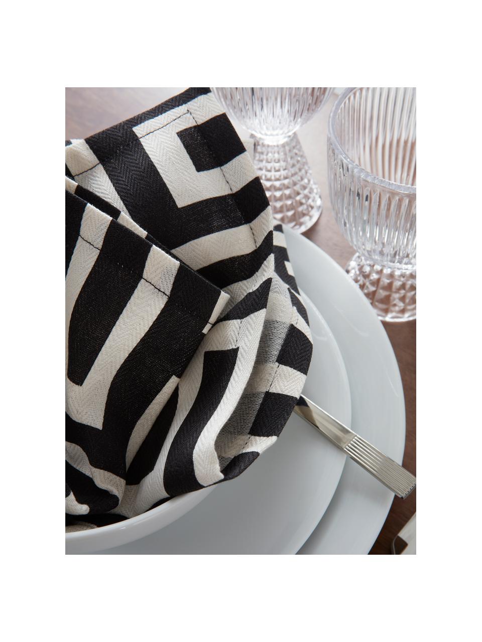 Serviettes imprimé blanc crème/noir Indy, 4 pièces, 92 % coton BCI (Better Cotton Initiative), 8 % lin, Noir, blanc crème, larg. 42 x long. 42 cm