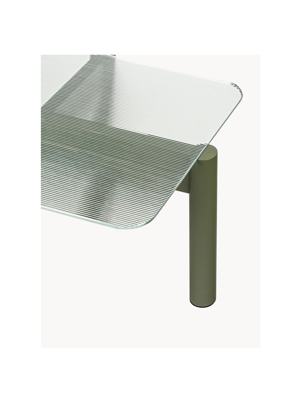 Couchtisch Kob aus Buchenholz mit Glasplatte, Tischplatte: Glas, Beine: Buchenholz, massiv, Transparent, Olivgrün, B 110 x T 41 cm