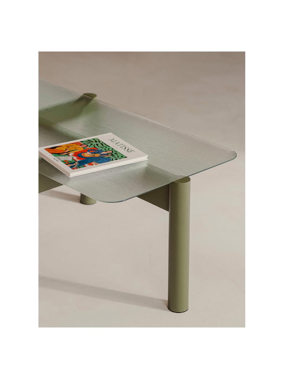 Konferenční stolek z bukového dřeva se skleněnou deskou Kob, Transparentní, olivově zelená, Š 110 cm, H 41 cm