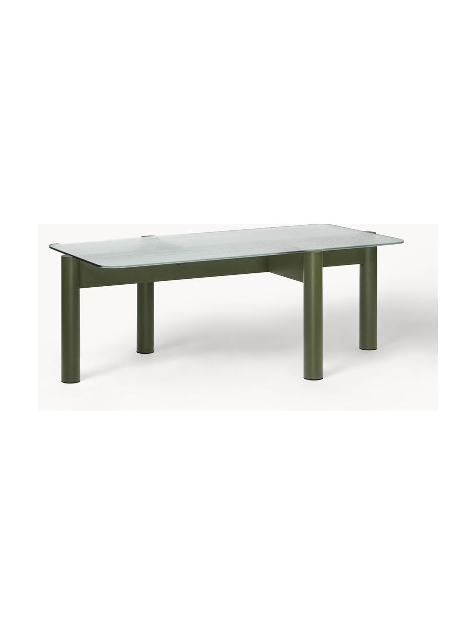 Tavolino da salotto in legno di faggio con piano in vetro Kob, Gambe: legno di faggio, Trasparente, verde oliva, Larg. 110 x Prof. 55 cm