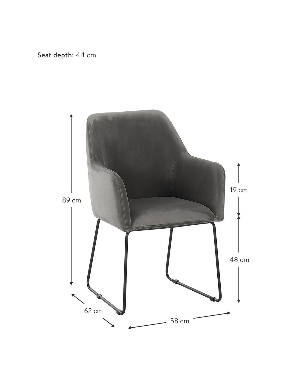 Sedia con braccioli in velluto Isla, Rivestimento: velluto (poliestere) Con , Gambe: metallo rivestito, Velluto grigio pietra, nero, Larg. 60 x Prof. 62 cm