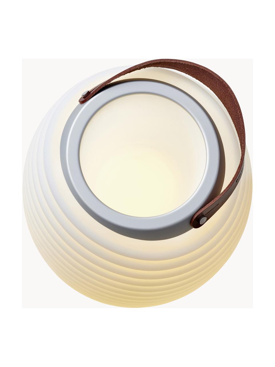 Lámpara cubitera regulable LED para exterior Synergy S, con altavoz, Pantalla: plástico, Asa: cuero, Blanco, marrón, Ø 32 x Al 56 cm