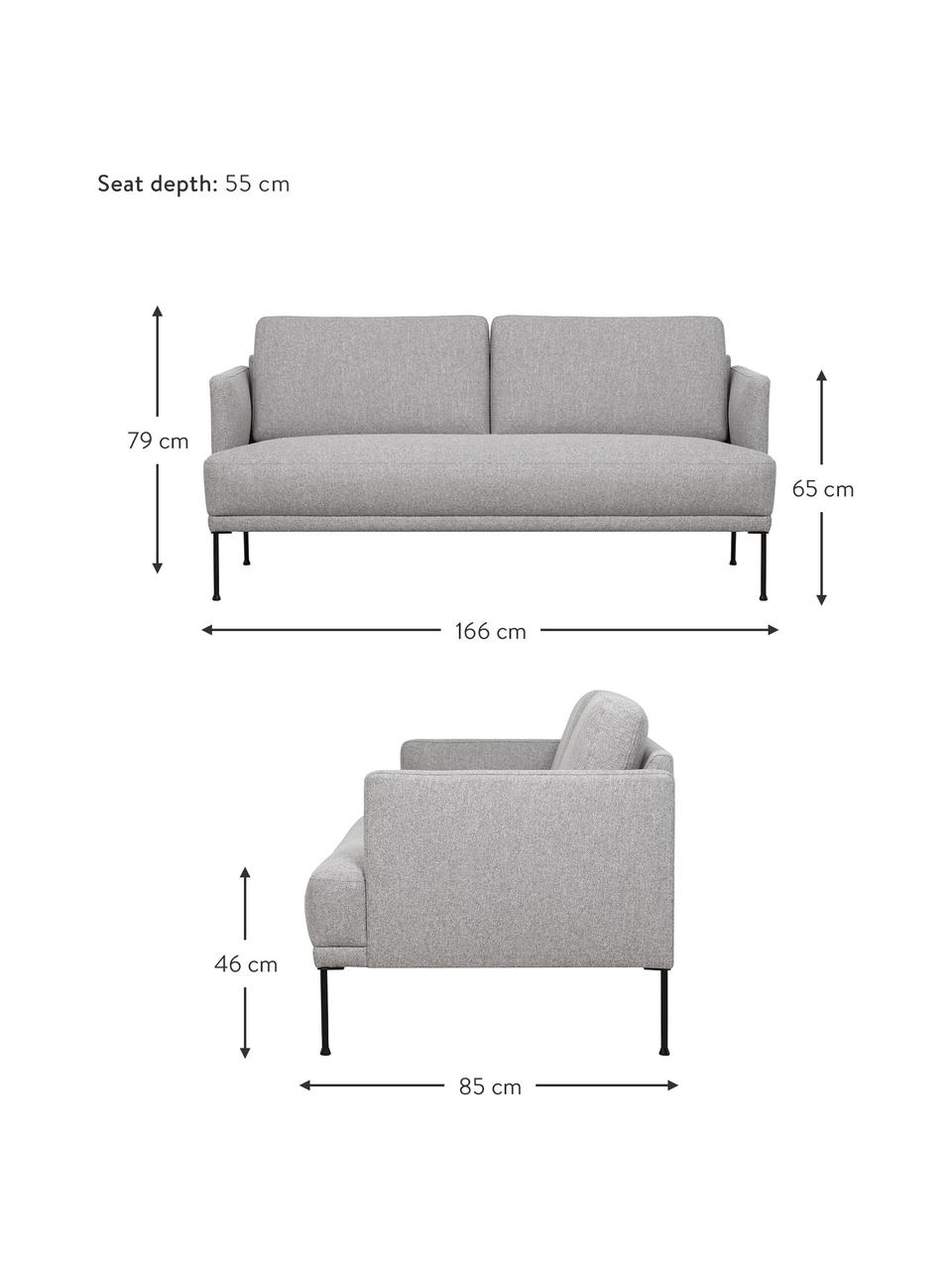 Sofa z metalowymi nogami Fluente (2-osobowa), Tapicerka: 80% poliester, 20% ramia , Stelaż: lite drewno sosnowe z cer, Nogi: metal malowany proszkowo, Jasnoszara tkanina, S 166 x G 85 cm