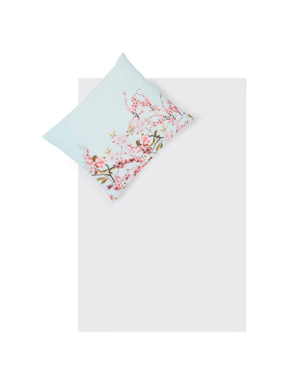 Dubbelzijdig dekbedovertrek Chinoiserie, Katoen, Bovenzijde: licht mintgroen, roze, groen. Onderzijde: wit, 140 x 200 cm + 1 kussenhoes 60 x 70 cm