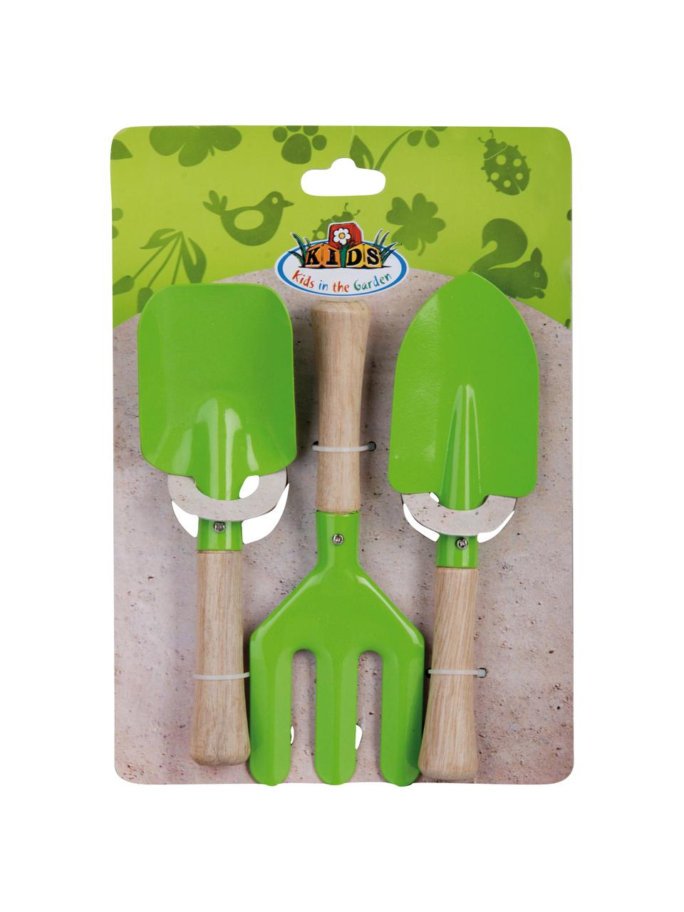 Kinder tuingereedschapset Little Gardener, 3-delig, Hout, gepoedercoat metaal, Groen, B 20 cm x H 28 cm