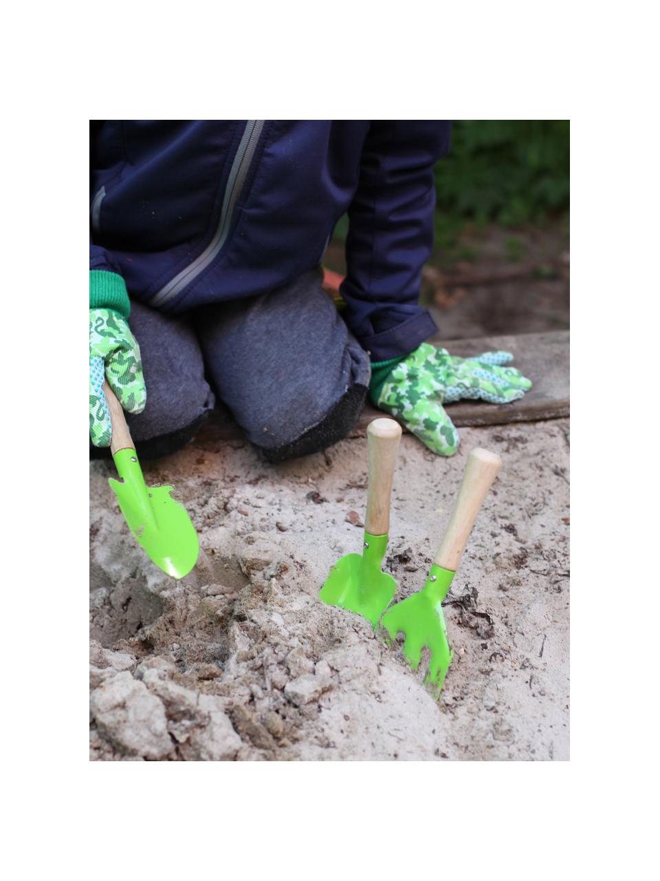 Set de herramientas de jardinería infantil Little Gardener, 3 pzas., Madera, metal con pintura en polvo, Verde, An 20 x Al 28 cm