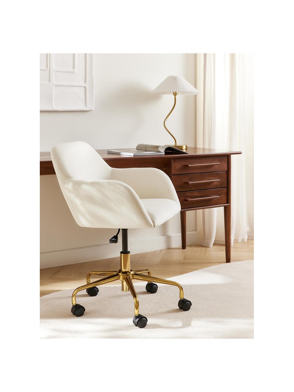 Chaise de bureau en velours Lucie, Velours blanc crème, doré, larg. 57 x prof. 57 cm