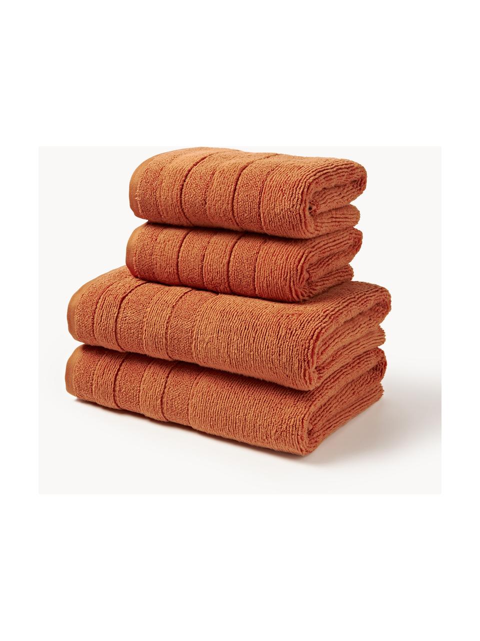 Lot de serviettes de bain avec bordure décorative Luxe, set de tailles variées, Terracotta, 3 éléments (1 serviette invité, 1 serviette de toilette et 1 drap de bain)