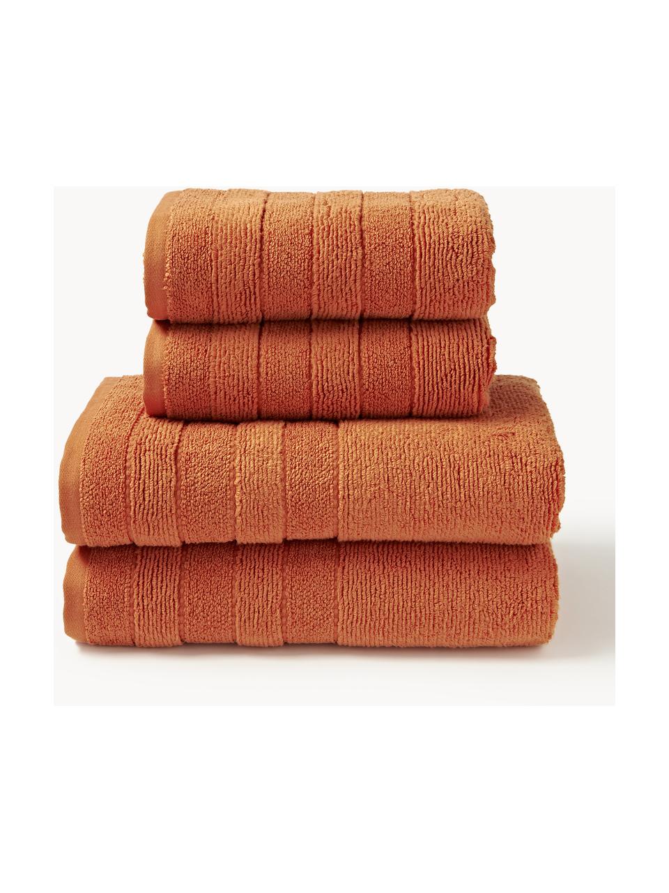 Lot de serviettes de bain avec bordure décorative Luxe, set de tailles variées, Terracotta, 3 éléments (1 serviette invité, 1 serviette de toilette et 1 drap de bain)