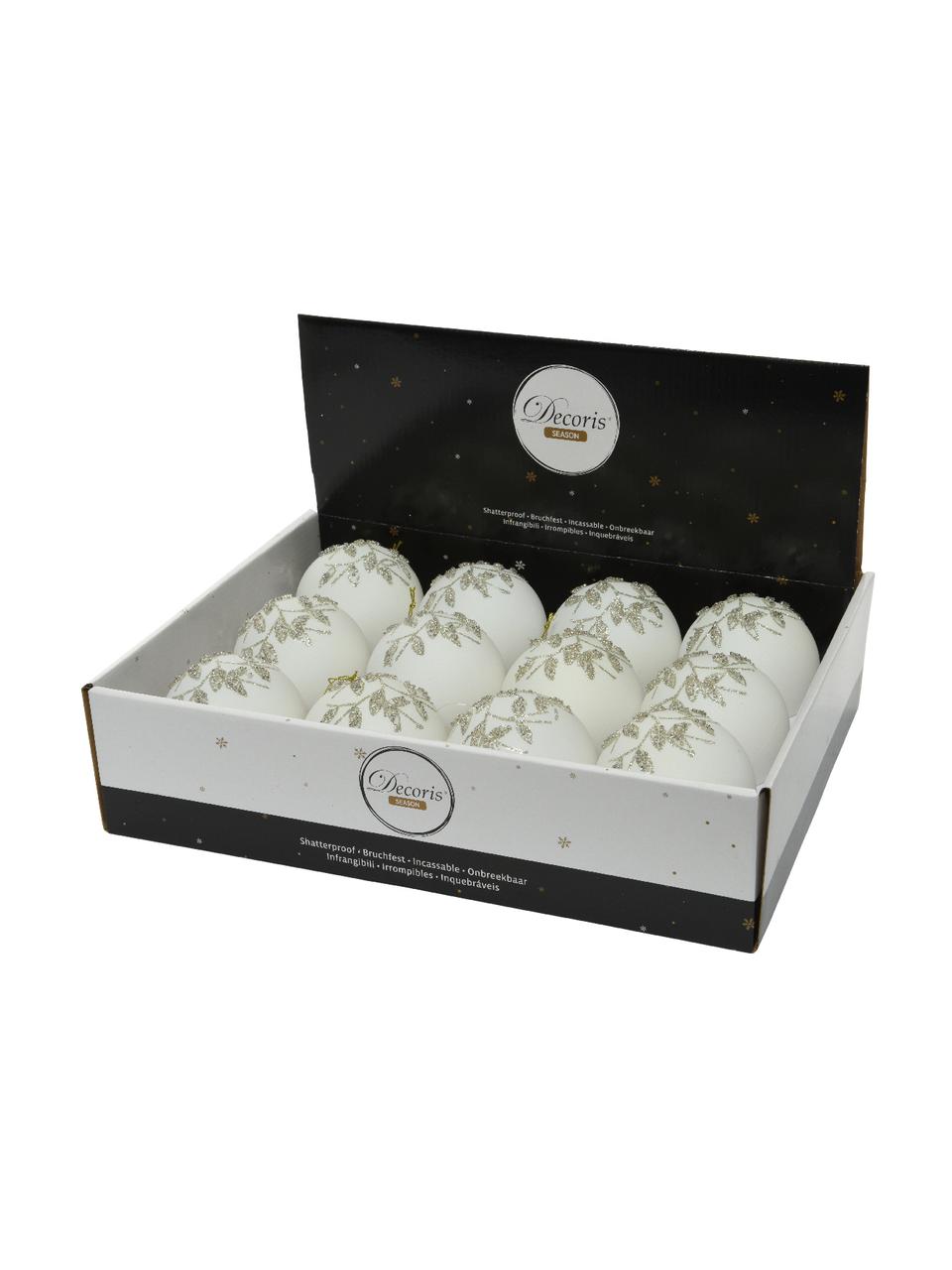 Boules de Noël incassables Amelia, 12 pièces, Plastique robuste, Blanc, doré, Ø 8 cm