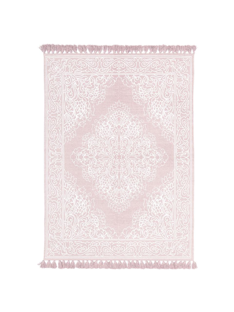 Alfombra artesanal de algodón con borlas Salima, 100% algodón, Rosa, blanco crema, An 120 x L 180 cm (Tamaño S)