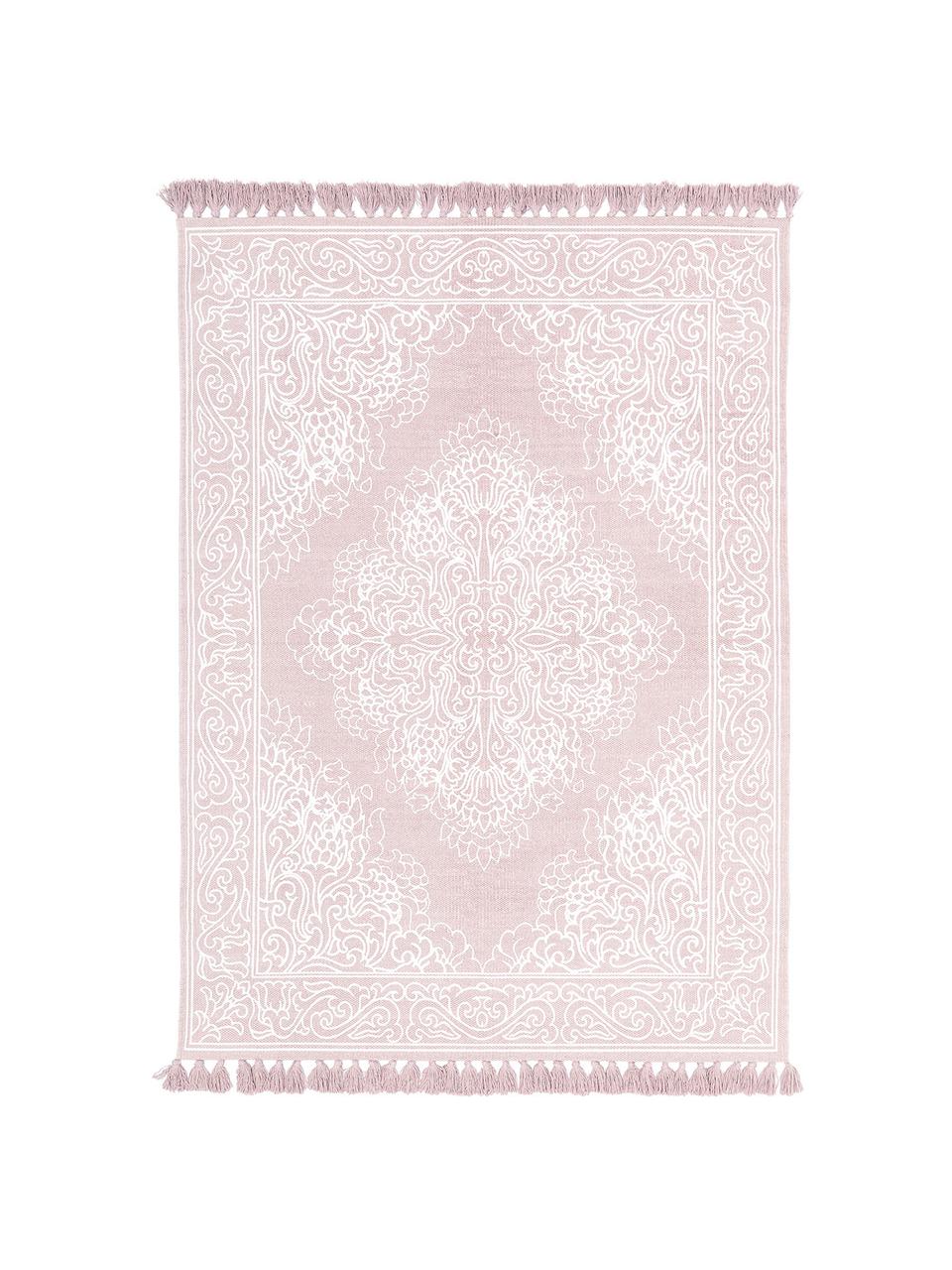 Bavlněný vzorovaný koberec se střapci Salima, ručně tkaný, 100 % bavlna, Růžová, krémově bílá, Š 120 cm, D 180 cm (velikost S)