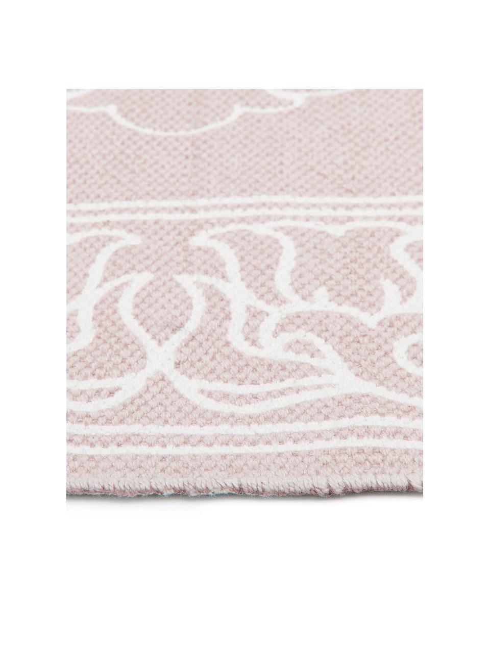 Tapis rose et blanc à houppes, tissé main Salima, 100 % coton, Rose, blanc crème, larg. 120 x long. 180 cm (taille S)