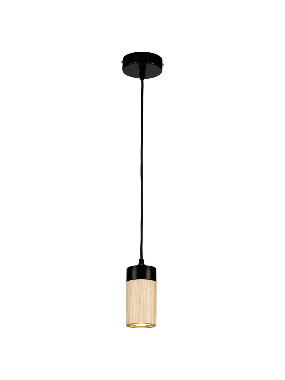 Kleine hanglamp Annick van hout, Lampenkap: eikenhout, geolied, metaa, Baldakijn: gecoat metaal, Zwart, beige, Ø 7 x H 14 cm