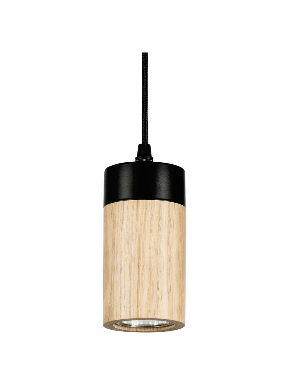 Lámpara de techo pequelña LED de madera Annick, Pantalla: madera de roble aceitada, Anclaje: metal recubierto, Cable: cubierto en tela, Negro, beige, Ø 7 x Al 14 cm