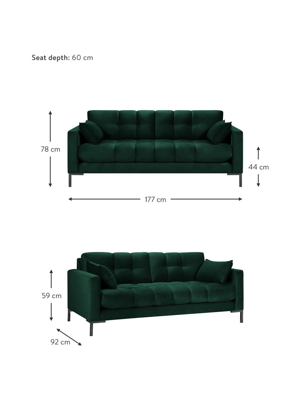 Sofá de terciopelo Mamaia (2 plazas), Tapizado: terciopelo de poliéster A, Estructura: madera de pino maciza, ma, Patas: metal pintado, Verde profundo, An 177 x F 92 cm