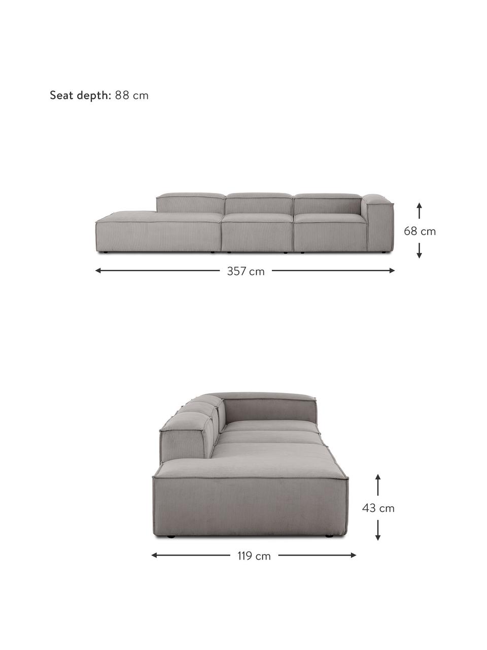 Diván modular grande de pana Lennon, Tapizado: pana (92% poliéster, 8% p, Estructura: madera de pino maciza, ma, Patas: plástico Las patas están , Pana gris, An 357 x F 119 cm, respaldo izquierdo