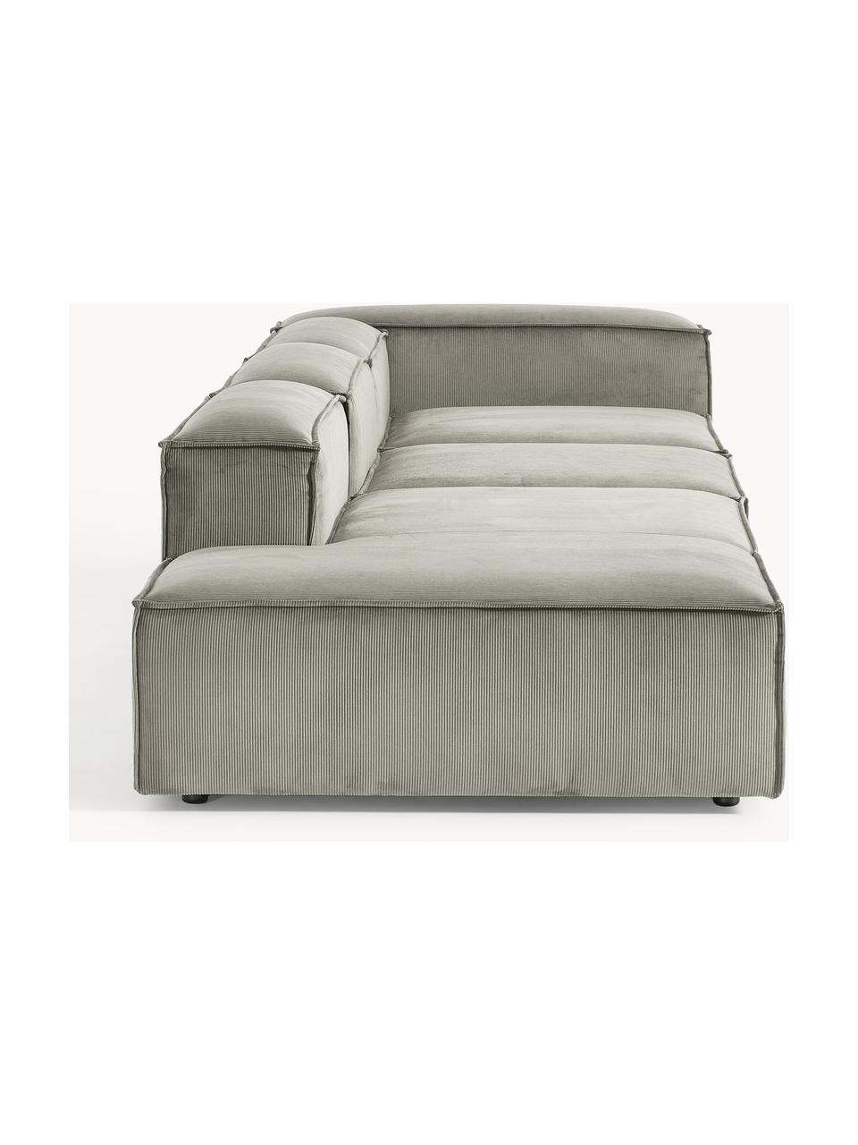 Chaise longue XL componibile in velluto a coste Lennon, Rivestimento: velluto a coste (92% poli, Struttura: legno di pino massiccio, , Piedini: plastica I piedini si tro, Velluto a coste grigio, Larg. 357 x Prof. 119 cm, schienale a sinistra