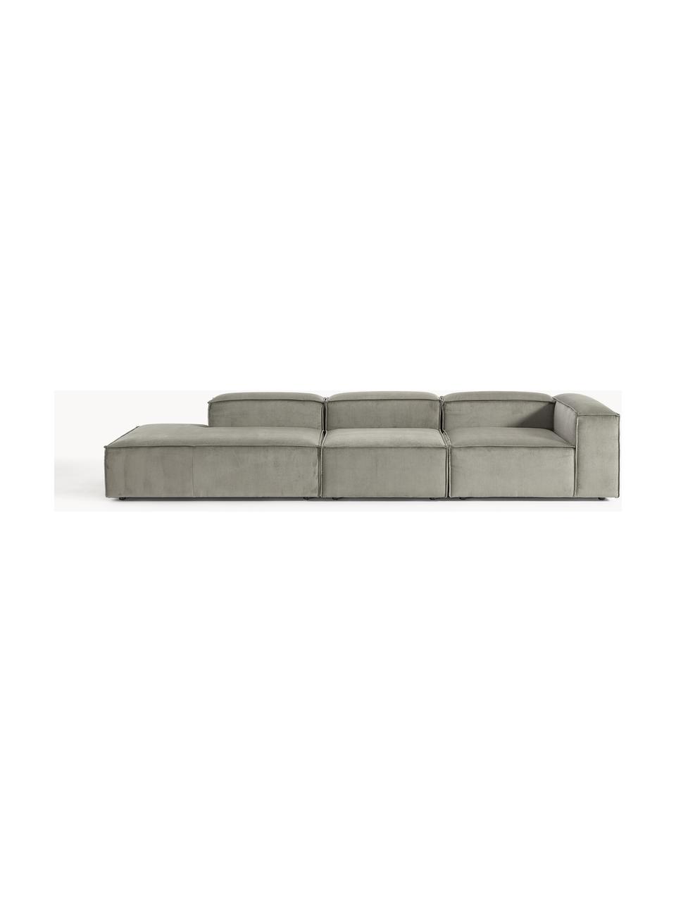 Chaise longue XL componibile in velluto a coste Lennon, Rivestimento: velluto a coste (92% poli, Struttura: legno di pino massiccio, , Piedini: plastica I piedini si tro, Velluto a coste grigio, Larg. 357 x Prof. 119 cm, schienale a sinistra