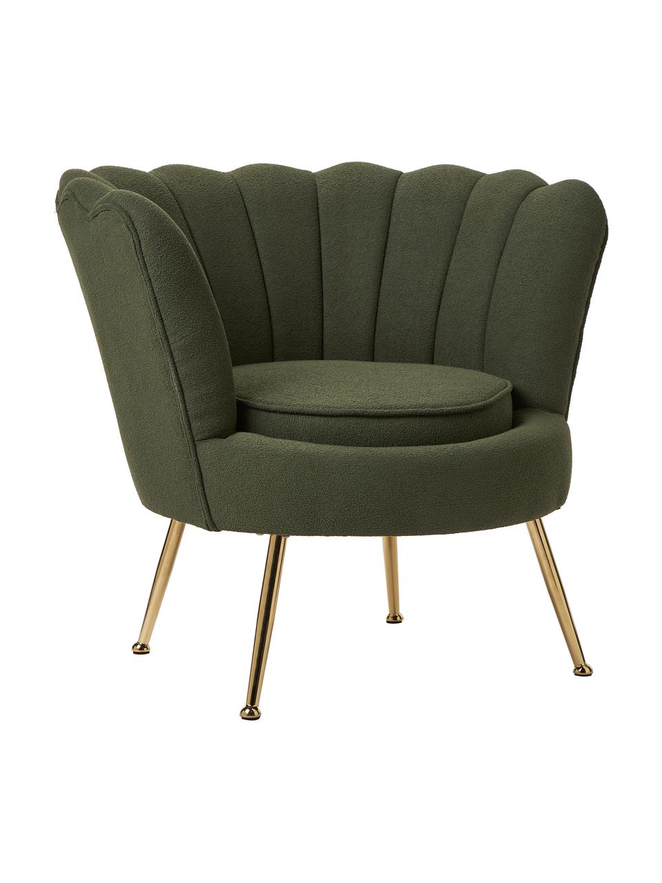 Sillón cóctel de tejido bouclé Oyster, Tapizado: tejido bouclé (poliéster), Estructura: madera de eucalipto contr, Patas: metal galvanizado, Bouclé verde, An 81 x Al 75 cm