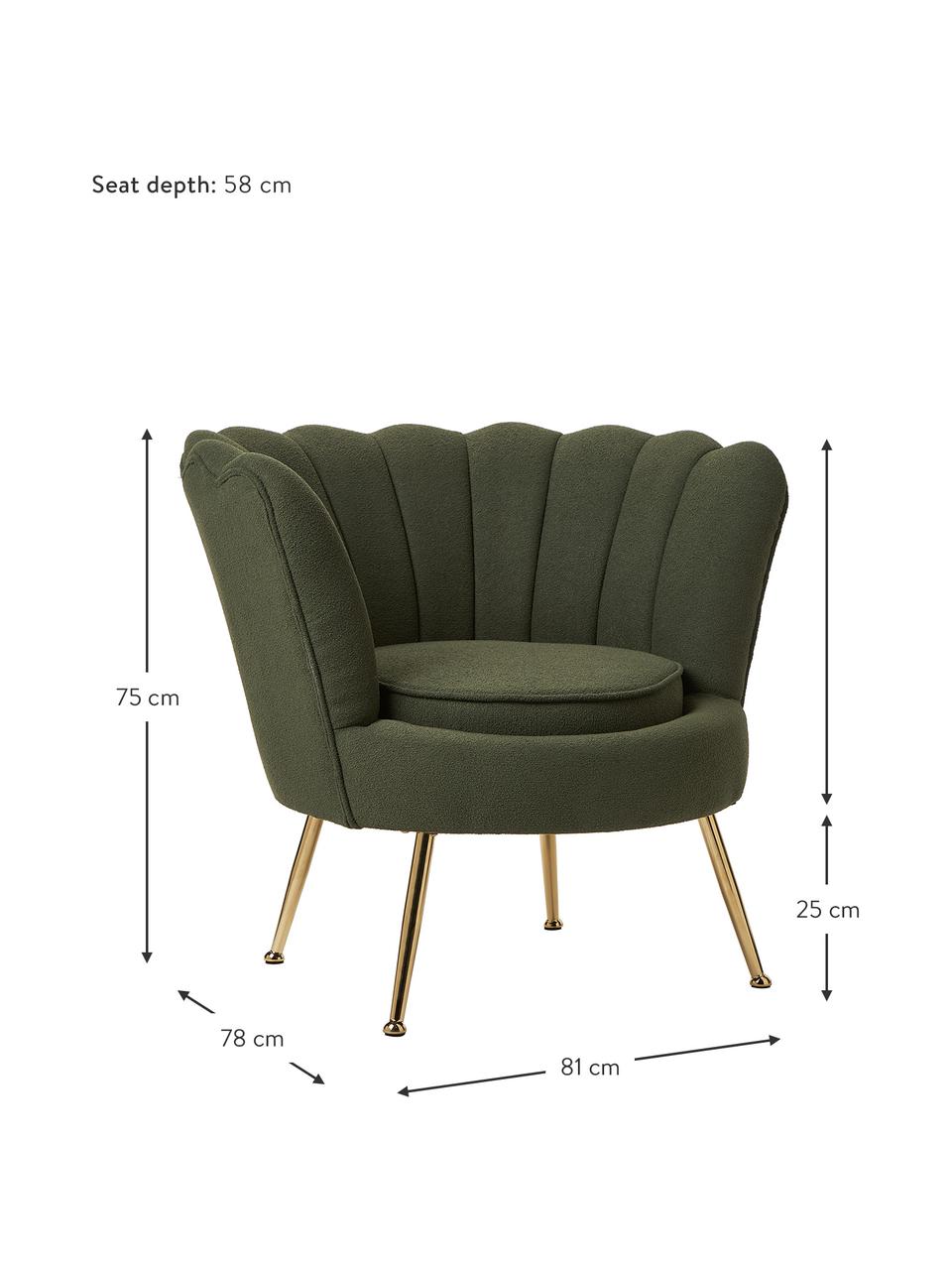 Bouclé-Cocktailsessel Oyster, Bezug: Bouclé (Polyester) 20.000, Gestell: Eukalyptus-Sperrholz, Beine: Metall, galvanisiert, Bouclé Grün, B 81 x H 75 cm