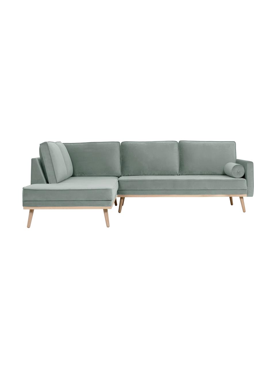 Samt-Ecksofa Saint (3-Sitzer) in Salbeibarben mit Eichenholz-Füssen, Bezug: Samt (Polyester) Der hoch, Gestell: Massives Eichenholz, Span, Samt Salbeifarben, B 243 x T 220 cm