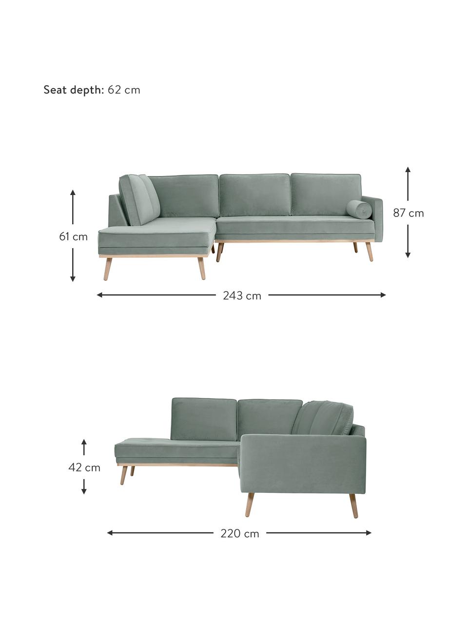 Canapé d'angle 3 places velours vert sauge Saint, Velours vert sauge, larg. 243 x prof. 220 cm