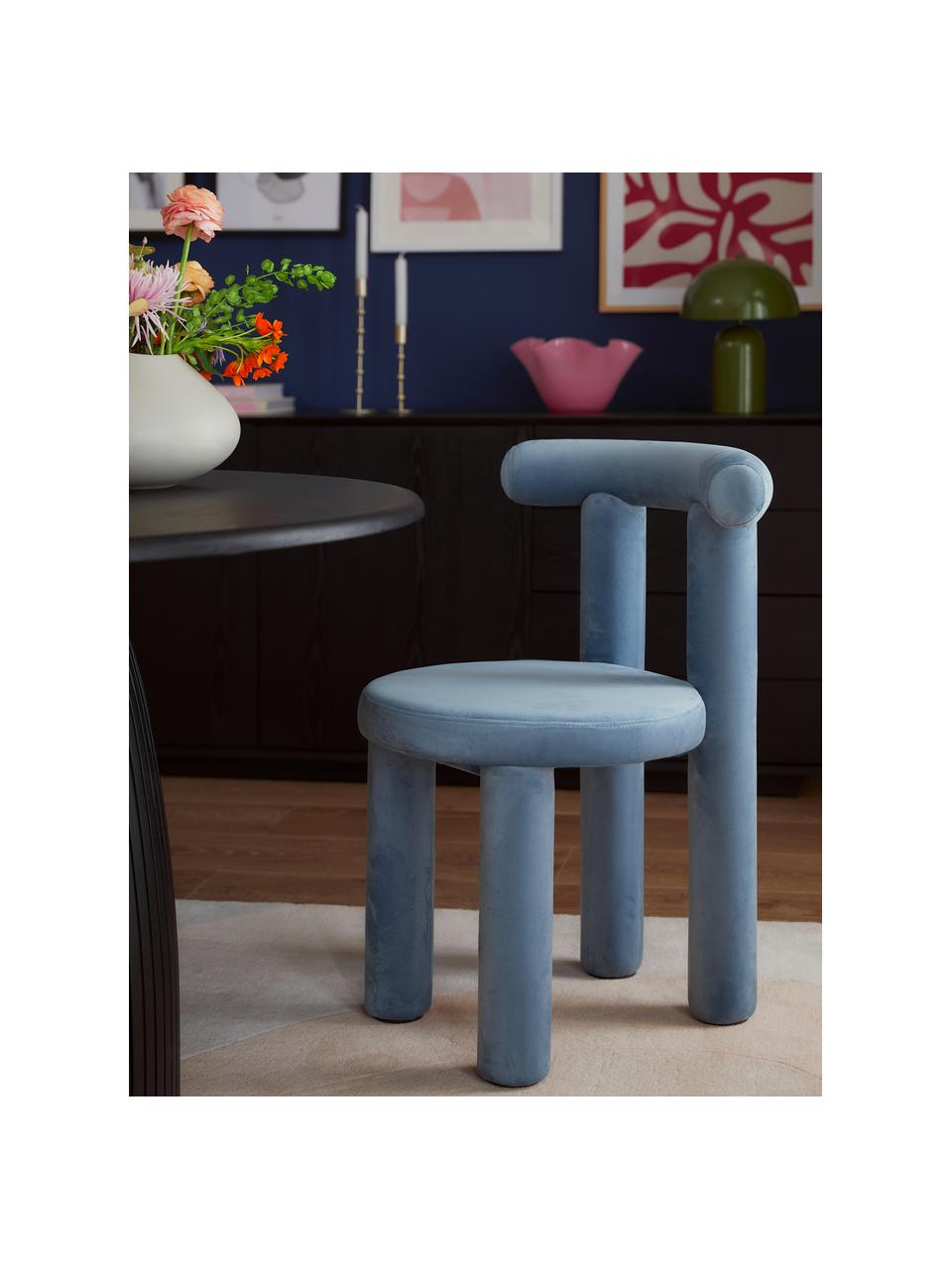 Sedia imbottita in velluto Calan, Rivestimento: 100% poliestere, Struttura: metallo ricoperto di schi, Velluto azzurro, Larg. 55 x Prof. 52 cm