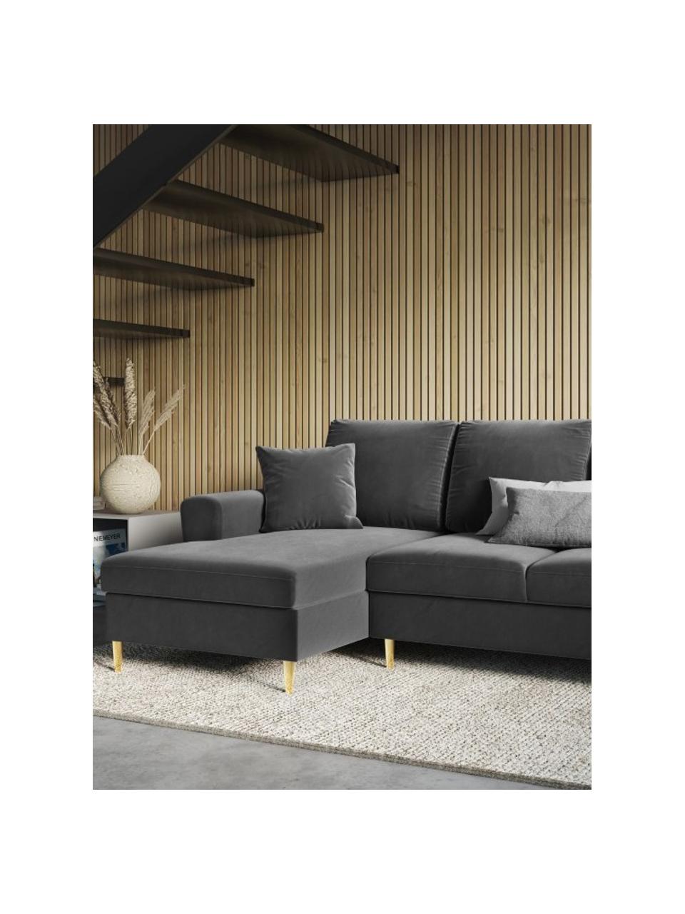 Canapé d'angle 3 places en velours avec fonction lit et rangement Moghan, Velours gris, couleur laitonnée, larg. 241 x prof. 145 cm, méridienne à droite