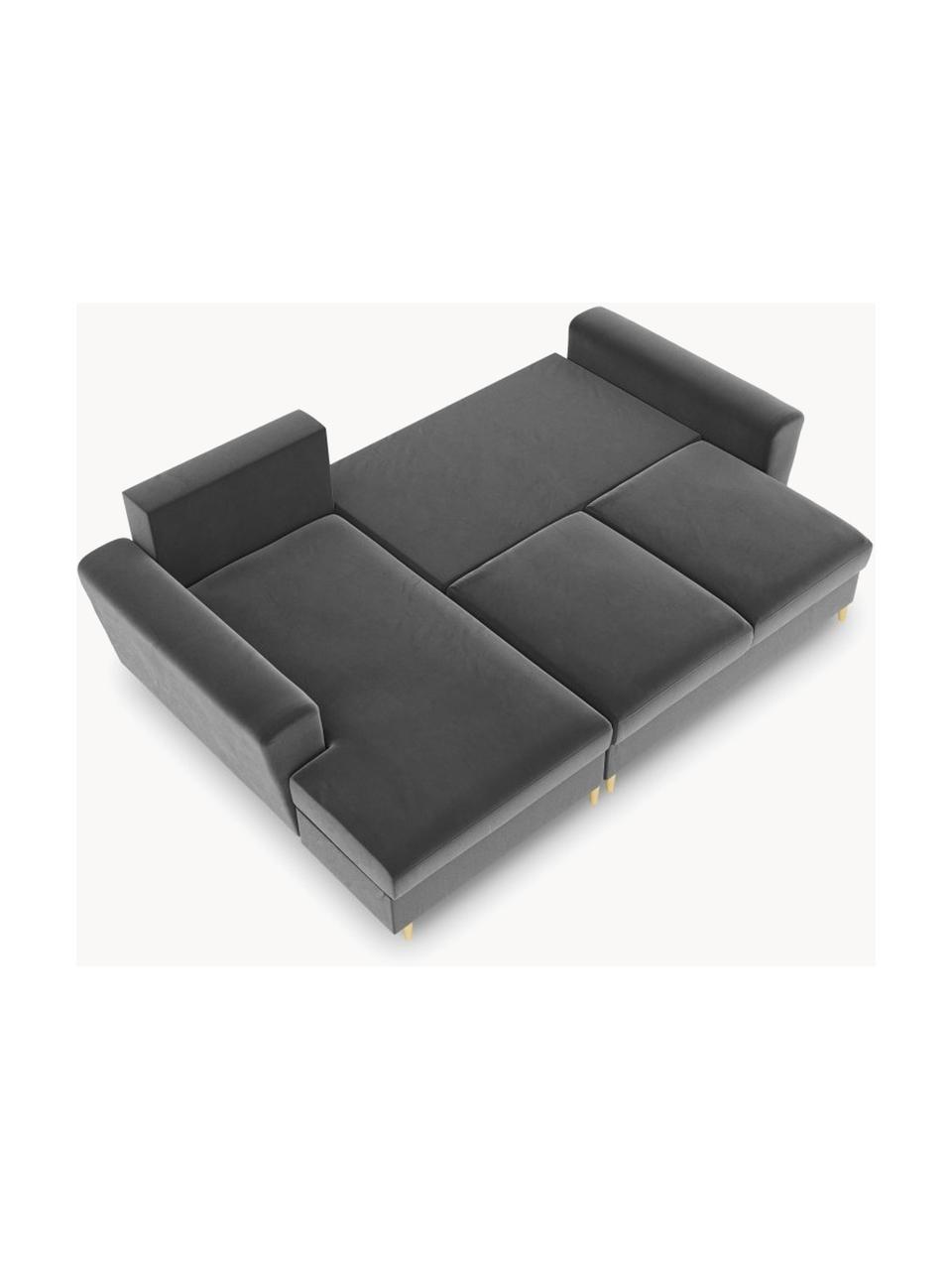Canapé d'angle 3 places en velours avec fonction lit et rangement Moghan, Velours gris, couleur laitonnée, larg. 241 x prof. 145 cm, méridienne à droite