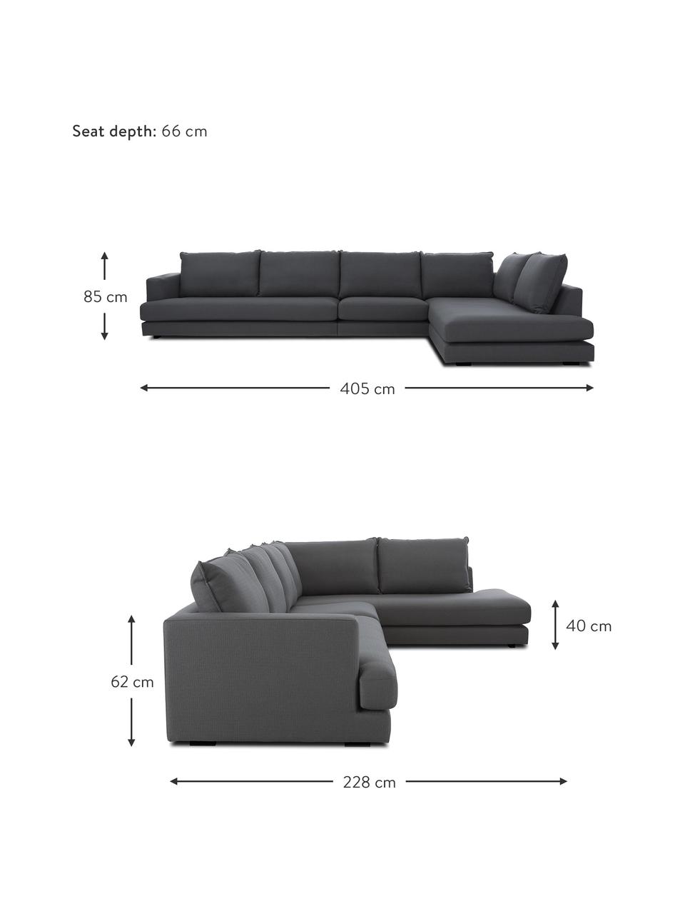 Sofa narożna XL Tribeca, Tapicerka: poliester Dzięki tkaninie, Stelaż: lite drewno sosnowe, Nogi: lite drewno sosnowe, laki, Antracytowa tkanina, S 405 x G 228 cm, lewostronna