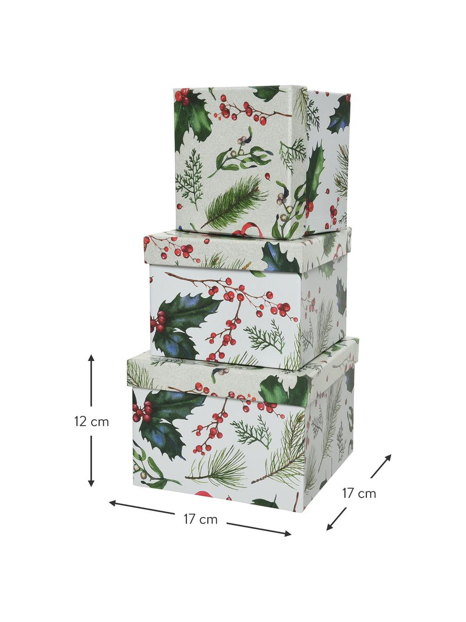 Set de cajas regalo Mistletoe, 3 uds., Papel, Blanco, verde, rojo, Set de diferentes tamaños