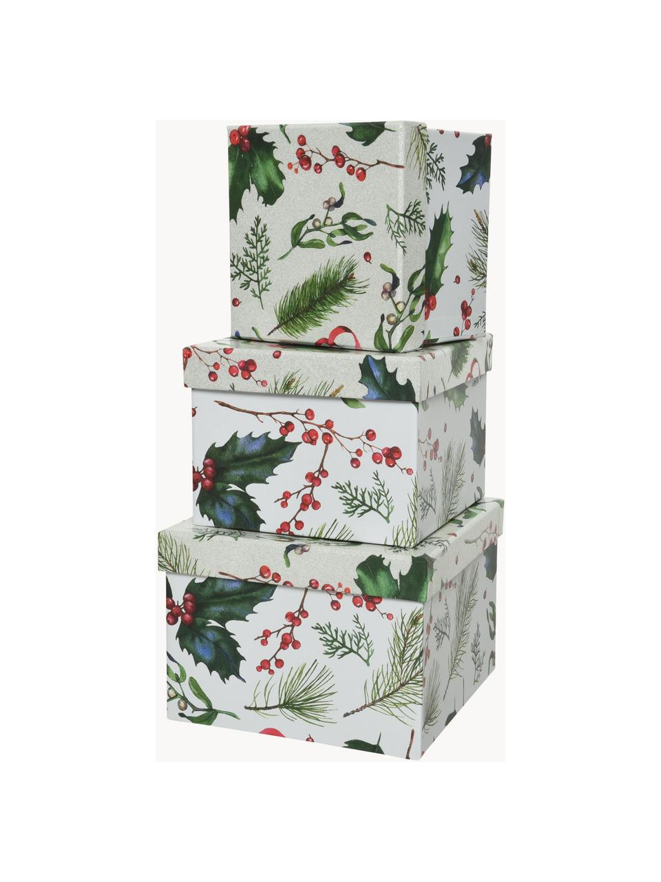 Geschenkboxen-Set Mistletoe, 3-tlg., Papier, Weiß, Grün, Rot, Set mit verschiedenen Größen