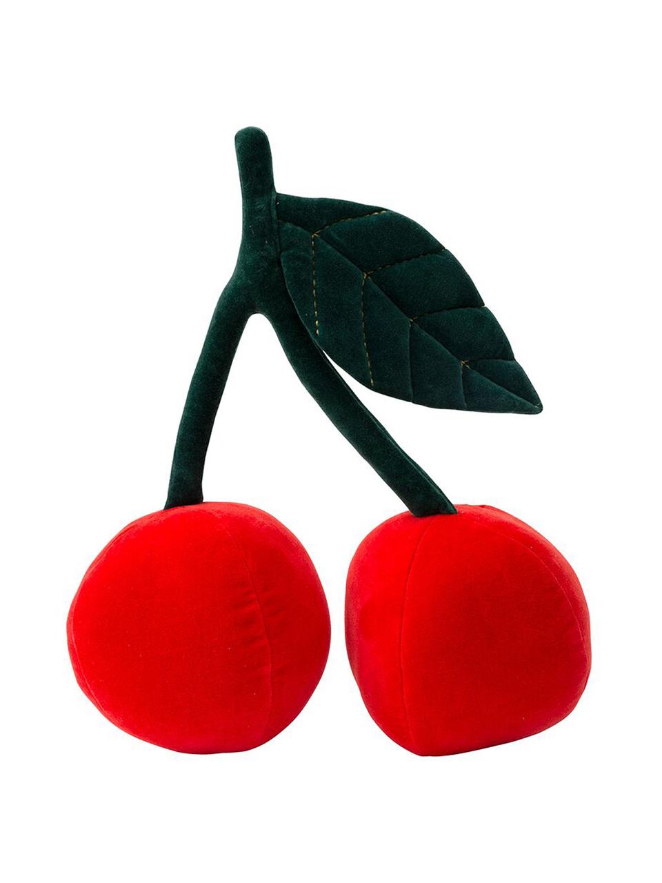 Cojín peluche de algodón ecológico Cherries, Funda: terciopelo de algodón, Rojo, verde oscuro, An 36 x Al 46 cm