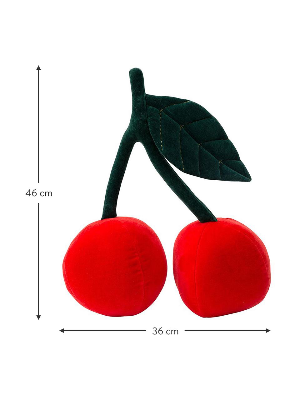 Cojín peluche de algodón ecológico Cherries, Funda: terciopelo de algodón, Rojo, verde oscuro, An 36 x Al 46 cm