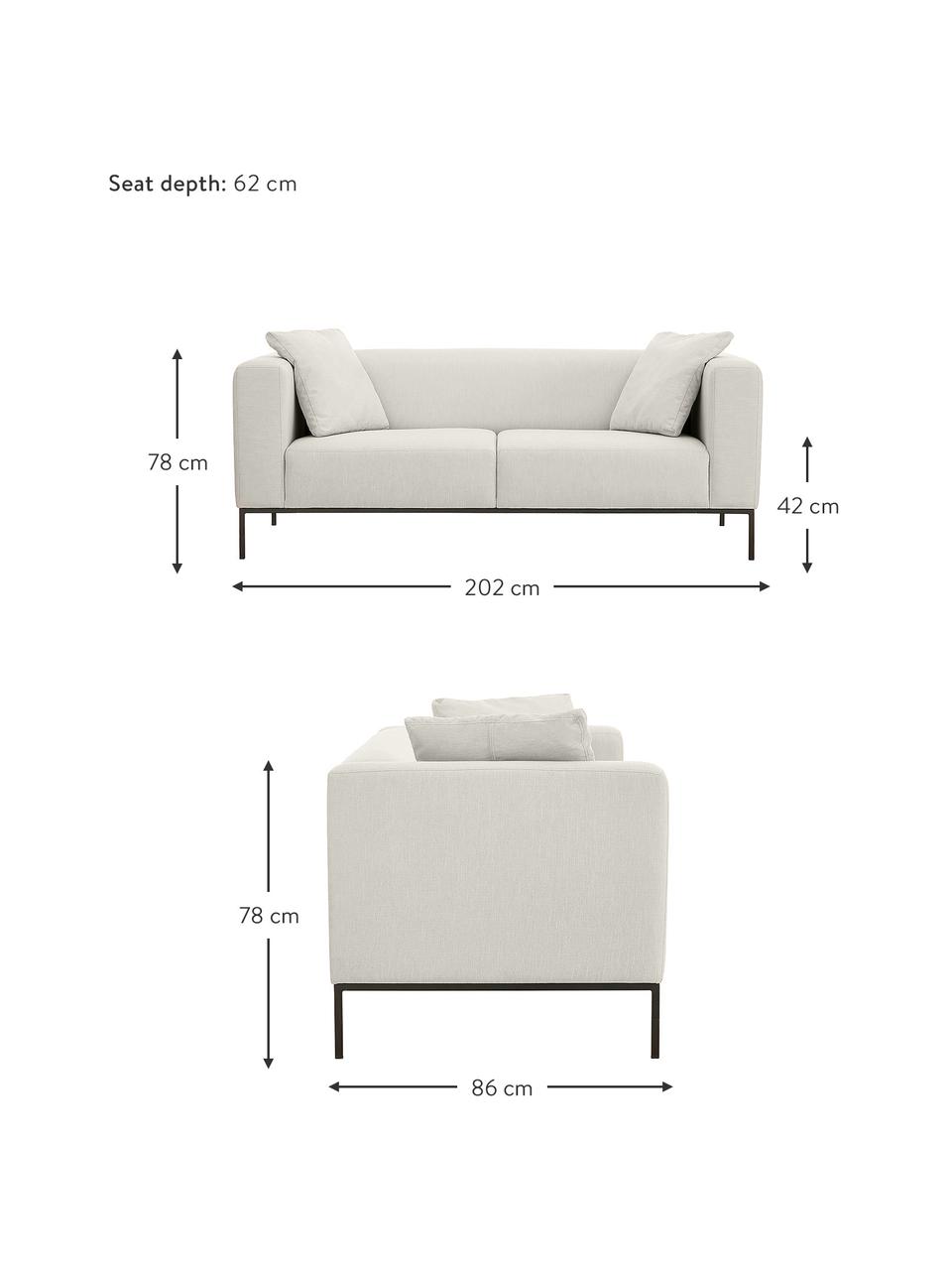 Sofa Carrie (3-Sitzer) mit Metall-Füssen, Bezug: Polyester 50.000 Scheuert, Gestell: Spanholz, Hartfaserplatte, Webstoff Hellgrau, B 202 x T 86 cm