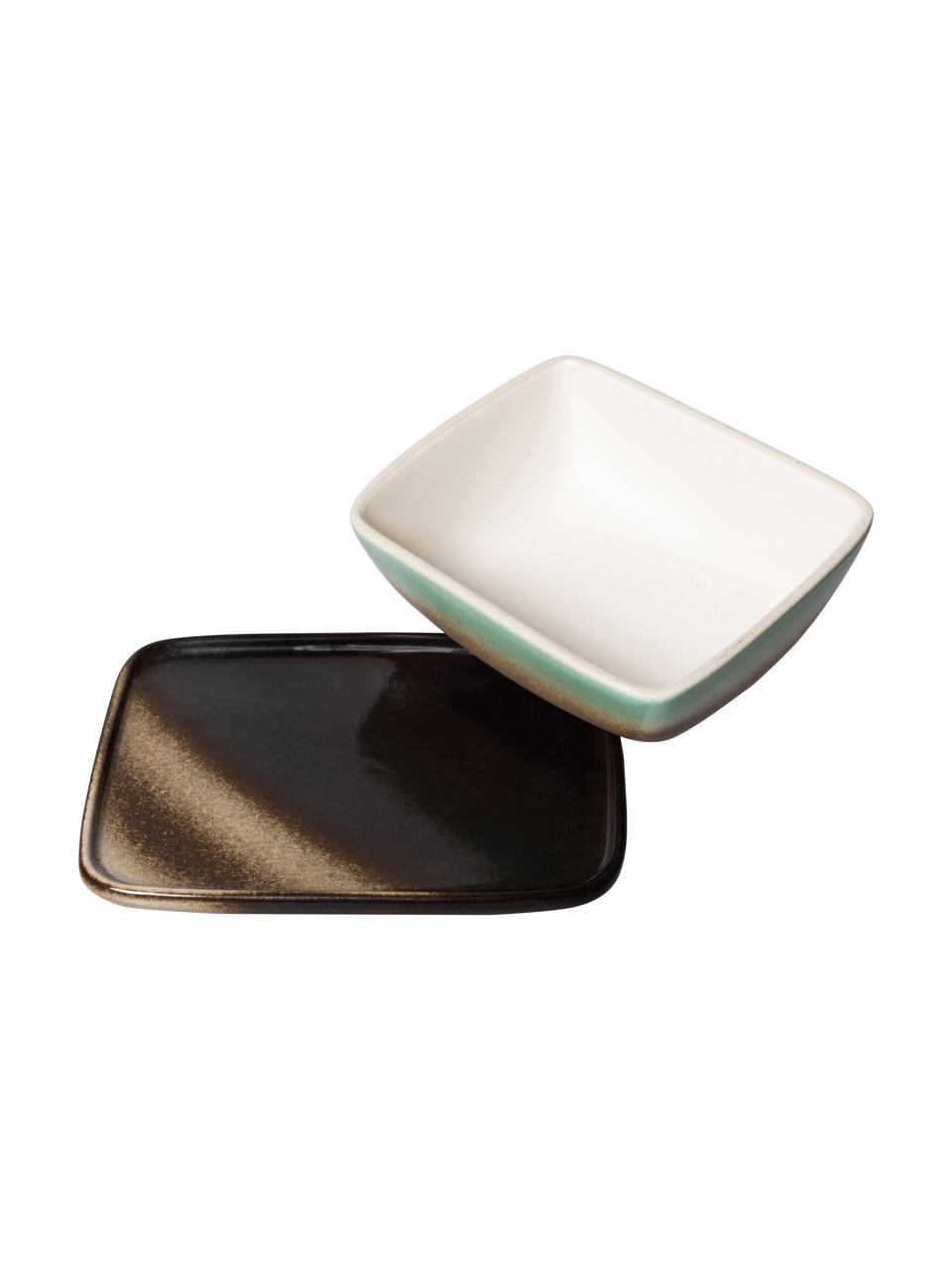 Ručně vyrobená máselnička v retro stylu 70's, Kamenina, Růžová, světle zelená, hnědá, Š 12 cm, V 8 cm