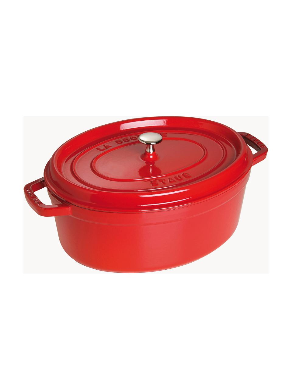 Ovaler Bräter La Cocotte aus Gusseisen, Gusseisen, emailliert, Rot, Silberfarben, B 38 x H 17 cm, 5.5 L