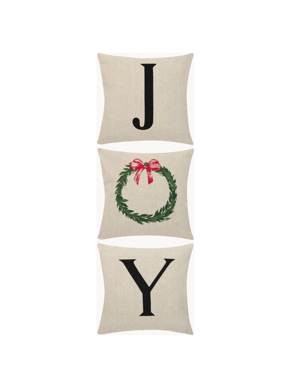 Set 3 copricuscini con stampa natalizia Joy, Cotone, Beige chiaro, nero, Larg. 40 x Lung. 40 cm