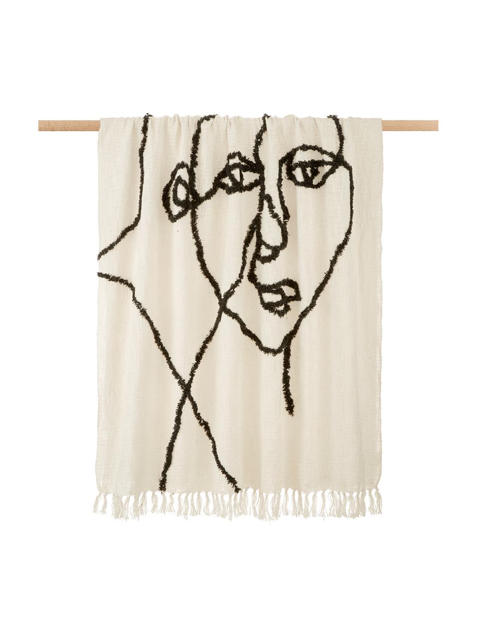 Baumwolldecke Face mit getuftetem abstraktem Muster, 100% Baumwolle, Elfenbeinfarben, Schwarz, 130 x 170 cm