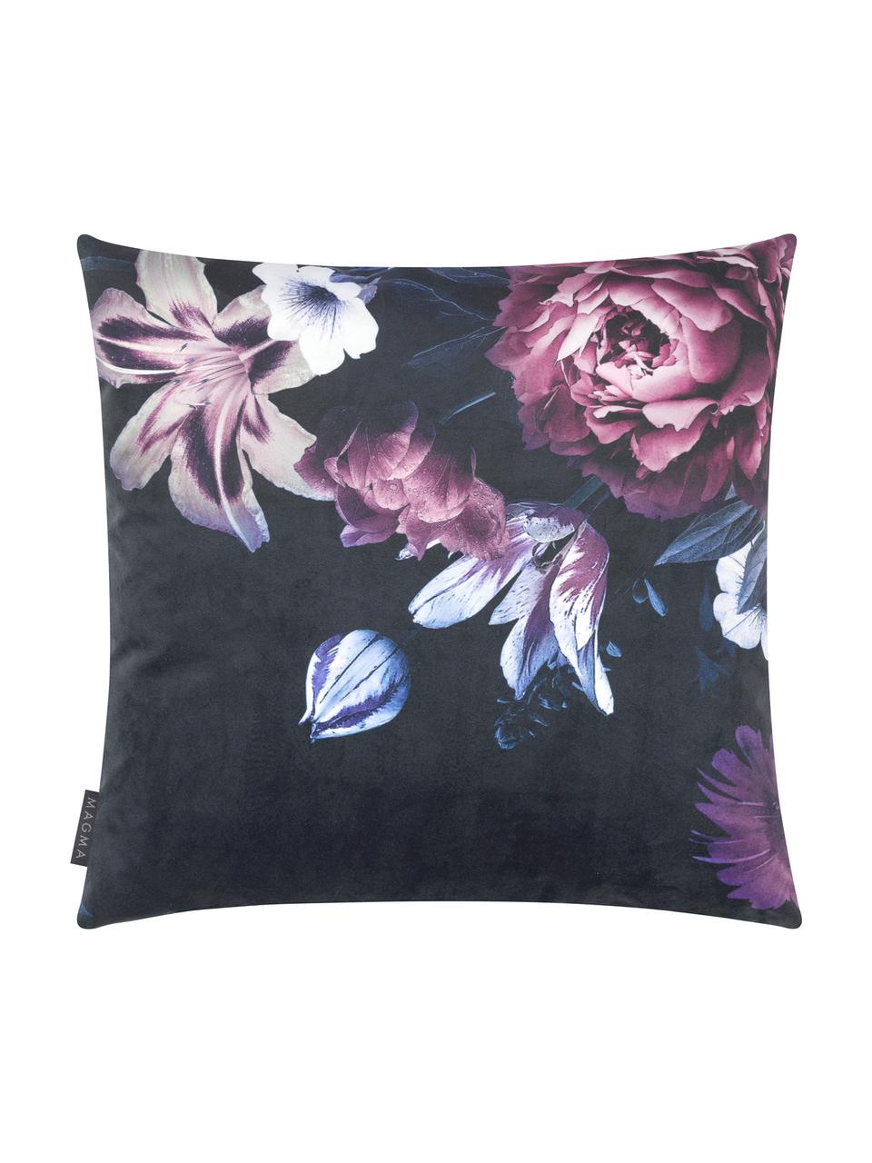 Sametový povlak na polštář s tmavým květinovým vzorem Beverly, Černá, fialová, fialová, růžová